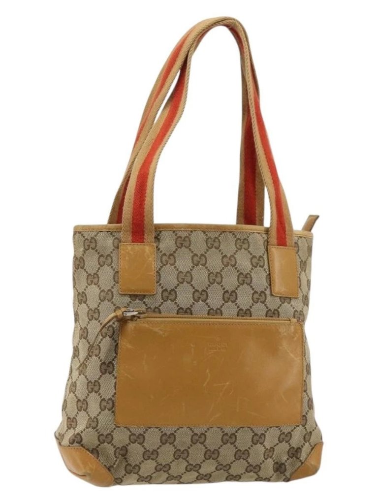 Gucci Gg Canvas Tote Bag Beige Silver 019 0402 Auth Gh2071
